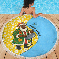 Saint Lucia Christmas Beach Blanket with Steelpan Santa Floral Pattern and Flag - Wonder Print Shop