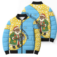 Saint Lucia Christmas Bomber Puffer Jacket with Steelpan Santa Floral Pattern and Flag - Wonder Print Shop