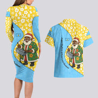 Saint Lucia Christmas Couples Matching Long Sleeve Bodycon Dress and Hawaiian Shirt with Steelpan Santa Floral Pattern and Flag - Wonder Print Shop
