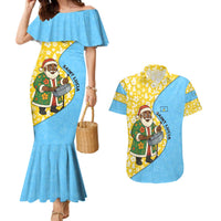 Saint Lucia Christmas Couples Matching Mermaid Dress and Hawaiian Shirt with Steelpan Santa Floral Pattern and Flag - Wonder Print Shop
