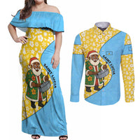Saint Lucia Christmas Couples Matching Off Shoulder Maxi Dress and Long Sleeve Button Shirt with Steelpan Santa Floral Pattern and Flag - Wonder Print Shop