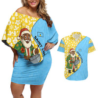 Saint Lucia Christmas Couples Matching Off Shoulder Short Dress and Hawaiian Shirt with Steelpan Santa Floral Pattern and Flag - Wonder Print Shop
