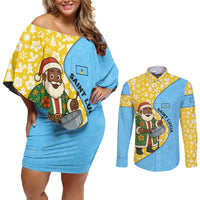 Saint Lucia Christmas Couples Matching Off Shoulder Short Dress and Long Sleeve Button Shirt with Steelpan Santa Floral Pattern and Flag - Wonder Print Shop