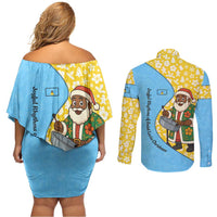 Saint Lucia Christmas Couples Matching Off Shoulder Short Dress and Long Sleeve Button Shirt with Steelpan Santa Floral Pattern and Flag - Wonder Print Shop