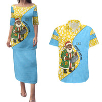 Saint Lucia Christmas Couples Matching Puletasi and Hawaiian Shirt with Steelpan Santa Floral Pattern and Flag - Wonder Print Shop