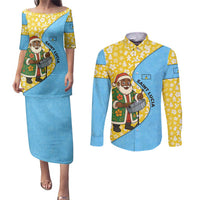 Saint Lucia Christmas Couples Matching Puletasi and Long Sleeve Button Shirt with Steelpan Santa Floral Pattern and Flag - Wonder Print Shop