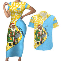 Saint Lucia Christmas Couples Matching Short Sleeve Bodycon Dress and Hawaiian Shirt with Steelpan Santa Floral Pattern and Flag - Wonder Print Shop
