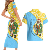 Saint Lucia Christmas Couples Matching Short Sleeve Bodycon Dress and Hawaiian Shirt with Steelpan Santa Floral Pattern and Flag - Wonder Print Shop