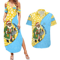 Saint Lucia Christmas Couples Matching Summer Maxi Dress and Hawaiian Shirt with Steelpan Santa Floral Pattern and Flag - Wonder Print Shop