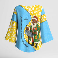 Saint Lucia Christmas Kimono Sleeve Blouse with Steelpan Santa Floral Pattern and Flag - Wonder Print Shop