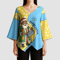 Saint Lucia Christmas Kimono Sleeve Blouse with Steelpan Santa Floral Pattern and Flag - Wonder Print Shop