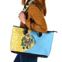 Saint Lucia Christmas Leather Tote Bag with Steelpan Santa Floral Pattern and Flag - Wonder Print Shop