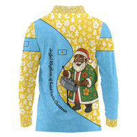 Saint Lucia Christmas Long Sleeve Polo Shirt with Steelpan Santa Floral Pattern and Flag - Wonder Print Shop