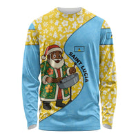 Saint Lucia Christmas Long Sleeve Shirt with Steelpan Santa Floral Pattern and Flag - Wonder Print Shop