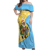 Saint Lucia Christmas Off Shoulder Maxi Dress with Steelpan Santa Floral Pattern and Flag - Wonder Print Shop