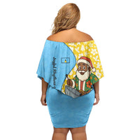 Saint Lucia Christmas Off Shoulder Short Dress with Steelpan Santa Floral Pattern and Flag - Wonder Print Shop
