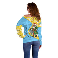 Saint Lucia Christmas Off Shoulder Sweater with Steelpan Santa Floral Pattern and Flag - Wonder Print Shop