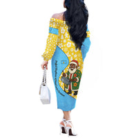 Saint Lucia Christmas Off The Shoulder Long Sleeve Dress with Steelpan Santa Floral Pattern and Flag - Wonder Print Shop