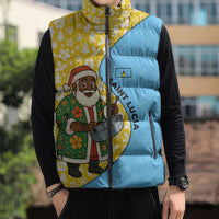 Saint Lucia Christmas Sleeveless Puffer Jacket with Steelpan Santa Floral Pattern and Flag - Wonder Print Shop