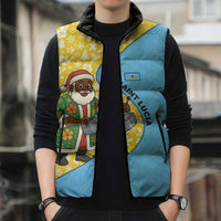 Saint Lucia Christmas Sleeveless Puffer Jacket with Steelpan Santa Floral Pattern and Flag - Wonder Print Shop