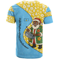 Saint Lucia Christmas T Shirt with Steelpan Santa Floral Pattern and Flag - Wonder Print Shop