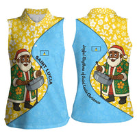 Saint Lucia Christmas Women Sleeveless Polo Shirt with Steelpan Santa Floral Pattern and Flag - Wonder Print Shop
