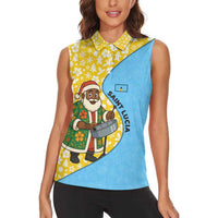 Saint Lucia Christmas Women Sleeveless Polo Shirt with Steelpan Santa Floral Pattern and Flag - Wonder Print Shop