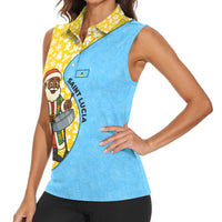 Saint Lucia Christmas Women Sleeveless Polo Shirt with Steelpan Santa Floral Pattern and Flag - Wonder Print Shop