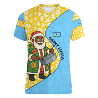 Saint Lucia Christmas Women V-Neck T-Shirt with Steelpan Santa Floral Pattern and Flag - Wonder Print Shop