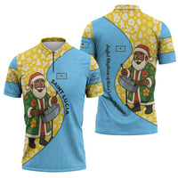 Saint Lucia Christmas Zipper Polo Shirt with Steelpan Santa Floral Pattern and Flag - Wonder Print Shop