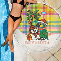 Saint Lucia Christmas Beach Blanket with Parrot Palm Tree Snowman and Plaid Holiday - Wonder Print Shop