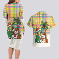 Saint Lucia Christmas Couples Matching Long Sleeve Bodycon Dress and Hawaiian Shirt with Parrot Palm Tree Snowman and Plaid Holiday - Wonder Print Shop