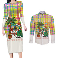 Saint Lucia Christmas Couples Matching Long Sleeve Bodycon Dress and Long Sleeve Button Shirt with Parrot Palm Tree Snowman and Plaid Holiday - Wonder Print Shop