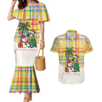 Saint Lucia Christmas Couples Matching Mermaid Dress and Hawaiian Shirt with Parrot Palm Tree Snowman and Plaid Holiday - Wonder Print Shop