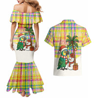 Saint Lucia Christmas Couples Matching Mermaid Dress and Hawaiian Shirt with Parrot Palm Tree Snowman and Plaid Holiday - Wonder Print Shop