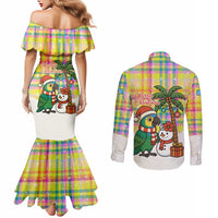 Saint Lucia Christmas Couples Matching Mermaid Dress and Long Sleeve Button Shirt with Parrot Palm Tree Snowman and Plaid Holiday - Wonder Print Shop
