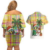 Saint Lucia Christmas Couples Matching Off Shoulder Short Dress and Hawaiian Shirt with Parrot Palm Tree Snowman and Plaid Holiday - Wonder Print Shop