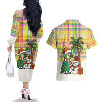 Saint Lucia Christmas Couples Matching Off The Shoulder Long Sleeve Dress and Hawaiian Shirt with Parrot Palm Tree Snowman and Plaid Holiday - Wonder Print Shop