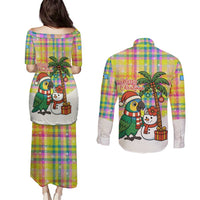 Saint Lucia Christmas Couples Matching Puletasi and Long Sleeve Button Shirt with Parrot Palm Tree Snowman and Plaid Holiday - Wonder Print Shop