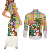 Saint Lucia Christmas Couples Matching Short Sleeve Bodycon Dress and Long Sleeve Button Shirt with Parrot Palm Tree Snowman and Plaid Holiday - Wonder Print Shop
