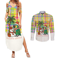 Saint Lucia Christmas Couples Matching Summer Maxi Dress and Long Sleeve Button Shirt with Parrot Palm Tree Snowman and Plaid Holiday - Wonder Print Shop
