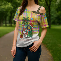 Saint Lucia Christmas Cross Shoulder Shirt with Parrot Palm Tree Snowman and Plaid Holiday - Wonder Print Shop