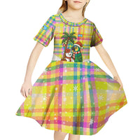 Saint Lucia Christmas Kid Short Sleeve Dress with Parrot Palm Tree Snowman and Plaid Holiday - Wonder Print Shop