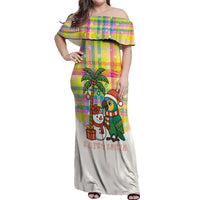 Saint Lucia Christmas Off Shoulder Maxi Dress with Parrot Palm Tree Snowman and Plaid Holiday - Wonder Print Shop