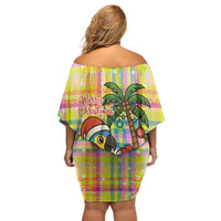 Saint Lucia Christmas Off Shoulder Short Dress with Parrot Palm Tree Snowman and Plaid Holiday - Wonder Print Shop