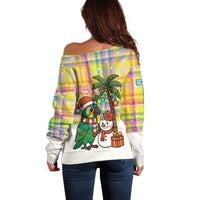 Saint Lucia Christmas Off Shoulder Sweater with Parrot Palm Tree Snowman and Plaid Holiday - Wonder Print Shop