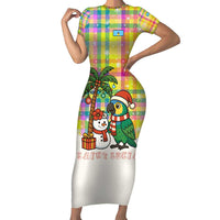 Saint Lucia Christmas Short Sleeve Bodycon Dress with Parrot Palm Tree Snowman and Plaid Holiday - Wonder Print Shop