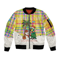 Saint Lucia Christmas Sleeve Zip Bomber Jacket with Parrot Palm Tree Snowman and Plaid Holiday - Wonder Print Shop