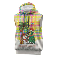 Saint Lucia Christmas Sleeveless Hoodie with Parrot Palm Tree Snowman and Plaid Holiday - Wonder Print Shop