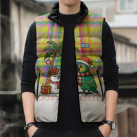 Saint Lucia Christmas Sleeveless Puffer Jacket with Parrot Palm Tree Snowman and Plaid Holiday - Wonder Print Shop
